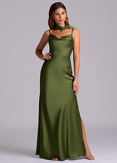 Azazie Yazmine Final Sale Olive Mermaid Pleated Stretch Satin Dress image3
