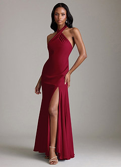 Azazie Lorena Vestidos de damas de honor Vestido de Borgoña de Gasa de Corte Sirena con Plisado image4