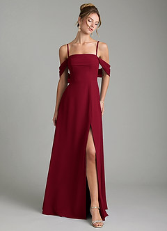 Azazie Mercedes Robes de demoiselle d'honneur Robe Trapèze en Mousseline de soie Épaule décolletée Bourgogne image1