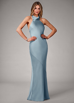 Azazie Velli Bridesmaid Dresses Dusty Blue Mermaid Stretch Satin Dress image1