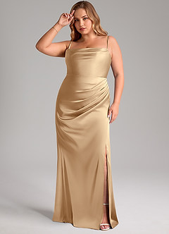 Azazie Leonis Bridesmaid Dresses Champagne Mermaid Pleated Stretch Satin Convertible Dress image12