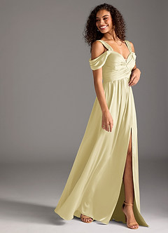 Azazie Lianne Bridesmaid Dresses Lemon Sorbet A-Line Off the Shoulder Stretch Satin Dress image6
