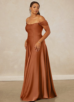 Christian Siriano Bridal for Azazie 1002 Robes de demoiselle d'honneur Robe Trapèze Convertible en Satin extensible Épaule décolletée Cuivre image12