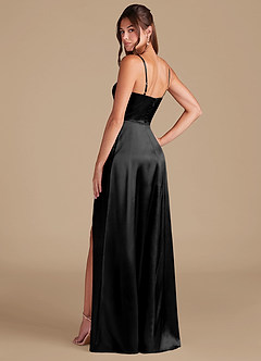 Azazie Halsey At-home Try On Dresses Black A-Line Side Slit Metallic Satin Dress image6