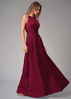 Azazie Bonnie Bridesmaid Dresses Burgundy A-Line Pleated Stretch Satin Dress image4