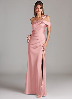 Azazie Wynter Vestidos de damas de honor Vestido de Rosa Empolvado de Satén Elástico de Corte Recto con Hombro unilateral image1