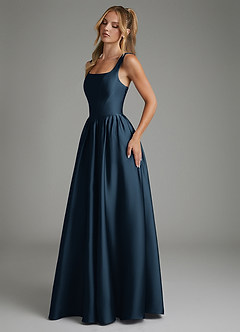 Azazie Nevaeh Bridesmaid Dresses Dark Navy A-Line Corset Stretch Satin Dress image6