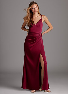 Azazie Shania Brautjungfernkleider Etui V-Hals Gefaltet Stretch-Satin Kleid Burgunderrot image3
