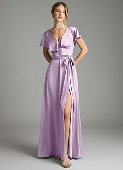 Azazie Lainey Bridesmaid Dresses Frosted Lilac A-Line with Pockets Stretch Satin Dress image3
