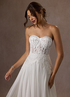 Azazie Rhya Probar vestidos en casa Vestido de Diamante Blanco de Encaje de Corte en A con Vestidos sin tirantes image19