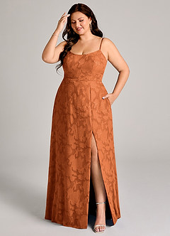 Azazie Moira Bridesmaid Dresses Burnt Orange A-Line Side Slit Floral Burnout Dress image7