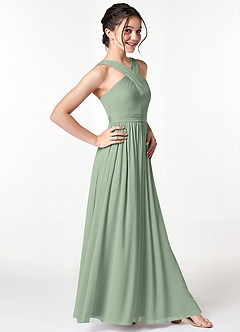 Azazie Jiya Junior Dusty Sage A-Line Pleated Mesh Dress image3