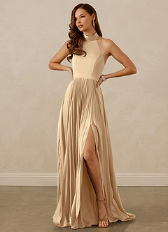 Christian Siriano Bridal for Azazie 1007 Bridesmaid Dresses Champagne A-Line Pleated Stretch Satin Dress image4