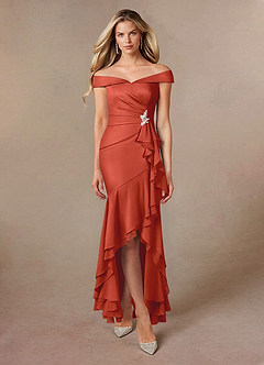 Azazie Billings Mother of the Bride Dresses Rust Mermaid Off the Shoulder Stretch Satin Dress image5