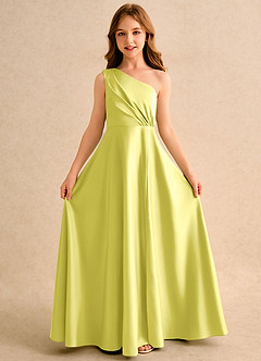 Azazie Puddles Girls Formal Robe Demoiselle D'honneur Fillette Robe Trapèze en Mat Satiné Asymétrique Canari image5