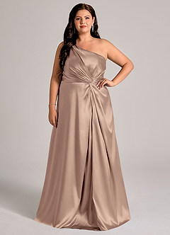 Azazie Brooke Bridesmaid Dresses Taupe A-Line One Shoulder Metallic Satin Dress image1