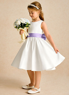 Azazie Sosie Flower Girl Dresses Ivory Lilac A-Line Pleated Matte Satin Dress image3