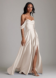 Azazie Loisa Bridesmaid Dresses White Alabaster A-Line Off the Shoulder Stretch Satin Dress image6