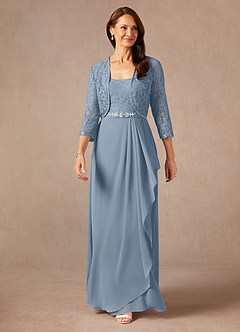Azazie Ainsling Mère de la mariée Robes Robe Trapèze en Mousseline de soie Dentelle à encolure carrée Bleu Poussiéreux image5