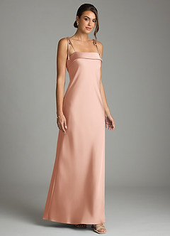 Azazie Ellia Vestidos de damas de honor Vestido de Oro Rosa de Satén Elástico de Corte Recto con Lazo image3