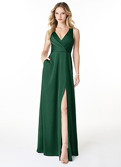 Azazie Nelly Bridesmaid Dresses Dark Green A-Line V-Neck Pleated Stretch Satin Dress image1