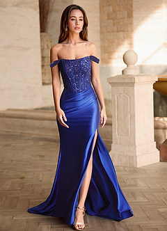 Valeria Royal Blue Velvet Sequins Corset Satin Prom Dress image3
