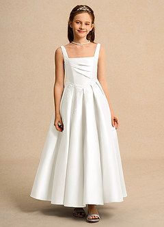 Azazie Mochi Girl Jurken voor bloemenmeisjes Baljurk Jurk van Mat Satijn Geplooid Ivoor image1