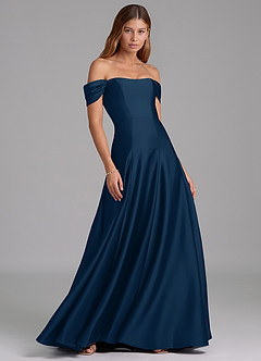 Azazie Seriana Bridesmaid Dresses Dark Navy A-Line Off the Shoulder Stretch Satin Convertible Dress image4