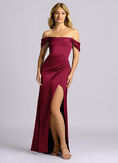 Azazie Auden Bridesmaid Dresses Burgundy Sheath Off the Shoulder Stretch Satin Convertible Dress image1