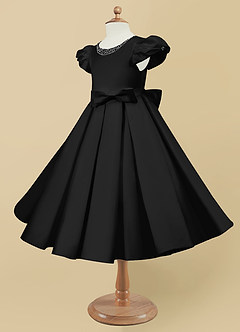 Azazie Jewel Flower Girl Dresses Black Ball-Gown Pleated Matte Satin Dress image6