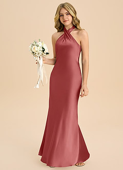 Azazie Chickie Junior Antique Rose Sheath Pleated Stretch Satin Dress image4