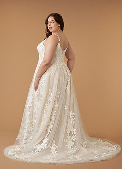 Azazie Delaina Wedding Dresses Diamond White Champagne A-Line V-Neck Sequins Tulle Dress image15