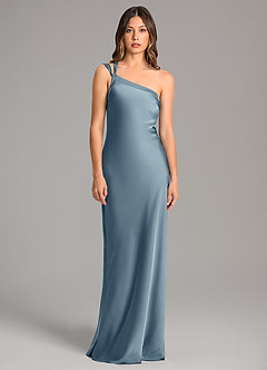 Azazie Monroe Bridesmaid Dresses Dusty Blue Mermaid One Shoulder Stretch Satin Dress image4