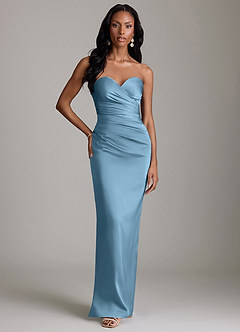 Azazie Sonora Vestidos de damas de honor Vestido de Azul Acero de Satén Elástico de Corte Recto con Sin tirantes image6