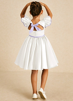 Azazie Sugar Plum Flower Girl Dresses Ivory Lilac A-Line Bow Matte Satin Dress image1