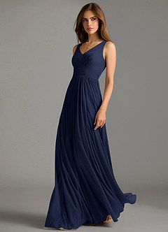 Azazie Keyla Bridesmaid Dresses Dark Navy A-Line Pleated Mesh Dress image1