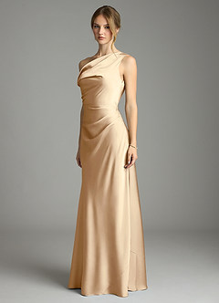 Azazie Emerson Bridesmaid Dresses Champagne Mermaid Off the Shoulder Stretch Satin Dress image4
