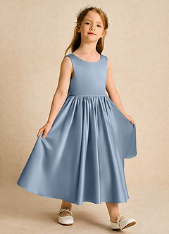 Azazie Doodlebug Flower Girl Dresses Dusty Blue A-Line Bow Matte Satin Dress image2