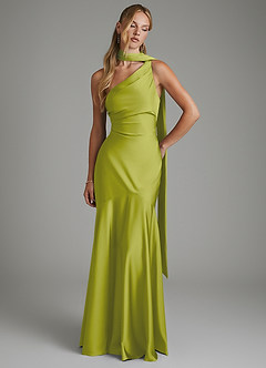 Azazie Amara Vestidos de damas de honor Vestido Hierba De Limón de Satén Elástico de Corte Sirena con Un hombro image3