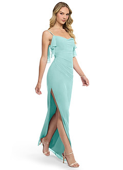 Azazie Jasmine Bridesmaid Dresses Aqua Sheath Side Slit Chiffon Dress image3