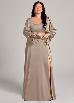 Azazie Leonia Bridesmaid Dresses Taupe A-Line Long Sleeve Stretch Satin Dress image5