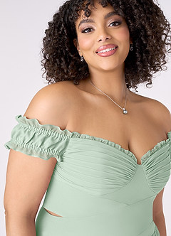 Barbie ♥ Azazie Jurken voor bruidsmeisjes Converteerbaar Jurk van Chiffon met A-Lijn Off the Shoulder Agave image11