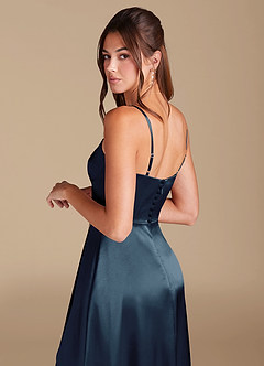 Azazie Halsey Bridesmaid Dresses Dark Navy A-Line Side Slit Metallic Satin Dress image2