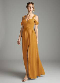 Azazie Lianne Bridesmaid Dresses Butterscotch A-Line Off the Shoulder Chiffon Dress image4