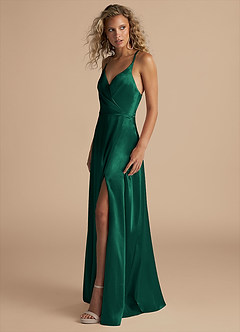 Azazie Davis Bridesmaid Dresses Emerald A-Line Pleated Metallic Satin Dress image6