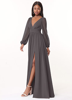 Azazie Norah Bridesmaid Dresses Steel Grey A-Line V-Neck Long Sleeve Chiffon Dress image4