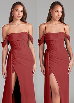Azazie Amyra Bridesmaid Dresses Rust Sheath Off the Shoulder Chiffon Convertible Dress image9
