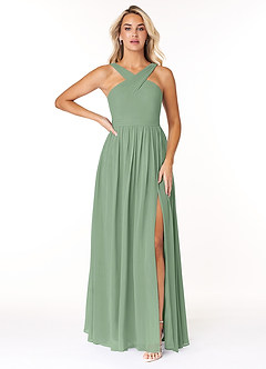 Azazie Elvira Abiti da Damigella Abito A-Line in Chiffon Plissettato Matcha image1