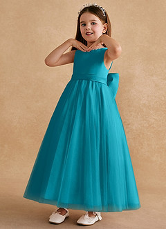 Azazie Cookie Robe Demoiselle D'honneur Fillette Robe Trapèze en Tulle Arc Jade image4