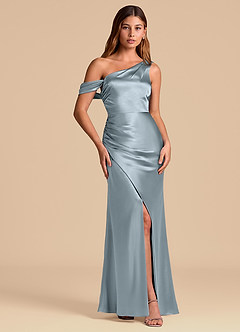 Azazie Madelyn Brudtärnklänningar Klä av Sjöjungfru i Metallisk satin Av axeln Dammblå Konvertibel image4